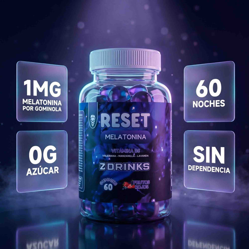 Z Drinks Reset imagen producto 3 — bote de gominolas de melatonina, 60 unidades, fondo oscuro nocturno / Z Drinks Reset product image 3 — melatonin gummy jar, 60 units, dark nighttime background