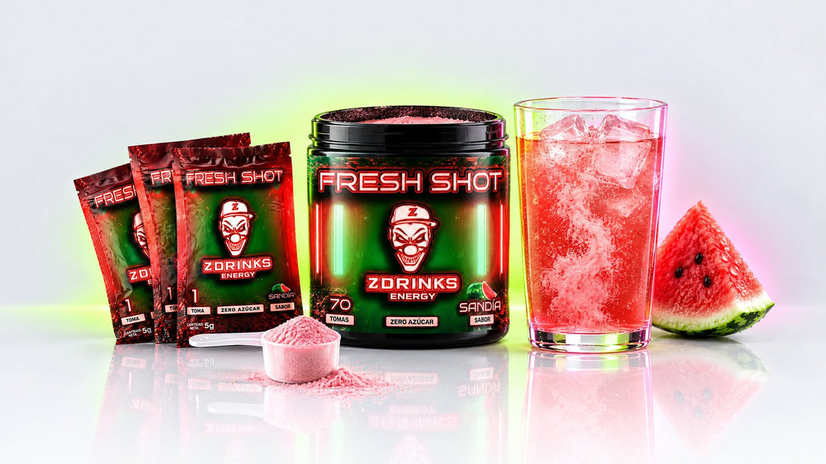 Bebida energética en polvo Z Drinks Fresh Shot en bote y en sobres, con cacito de polvo y vaso preparado