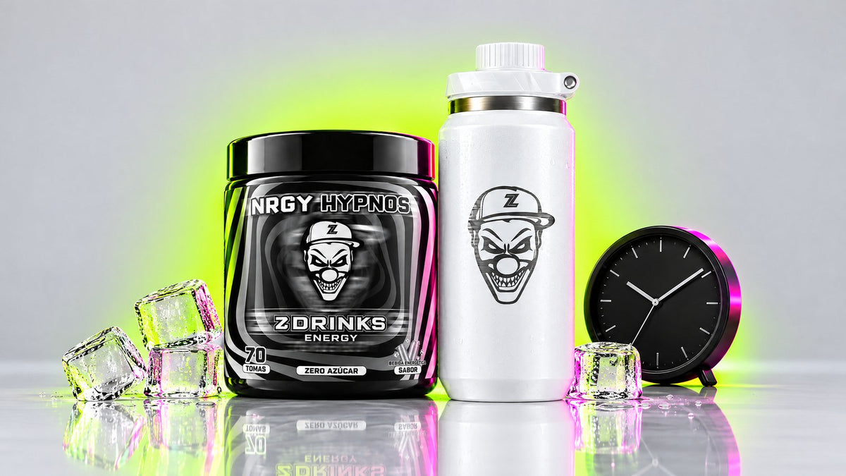 Bebida energética para trabajar y turnos largos: bote de Z Drinks Energy NRGY Hypnos y botella térmica Polarix junto a un reloj