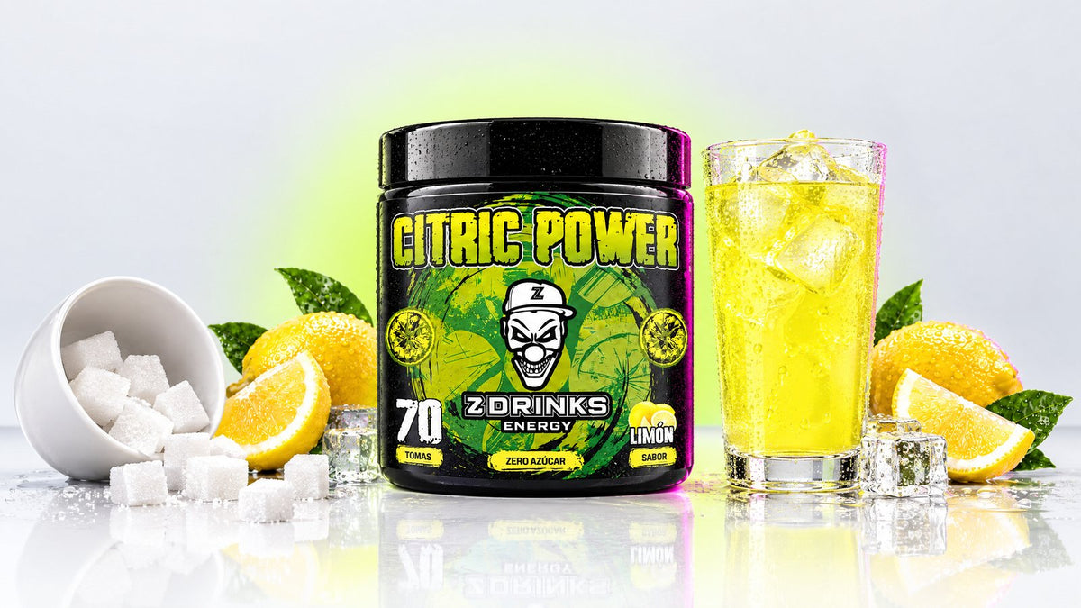 Bebida energética sin azúcar Z Drinks Citric Power con vaso de limón y terrones de azúcar apartados