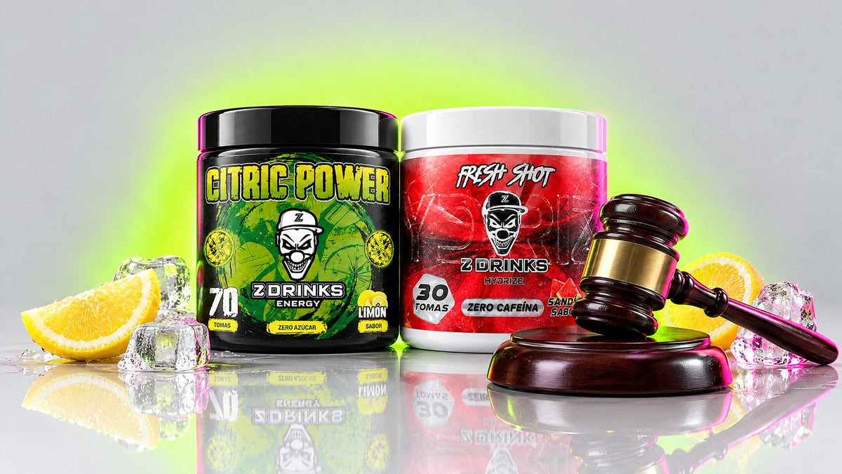 Bebidas energéticas y menores en España: bote de Z Drinks Energy Citric Power y Hydrize Fresh Shot sin cafeína junto a un mazo de juez
