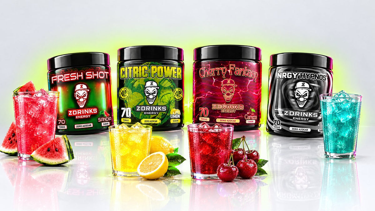 Sabores de bebida energética en polvo Z Drinks: Fresh Shot, Citric Power, Cherry Fantasy y NRGY Hypnos con sus vasos y frutas