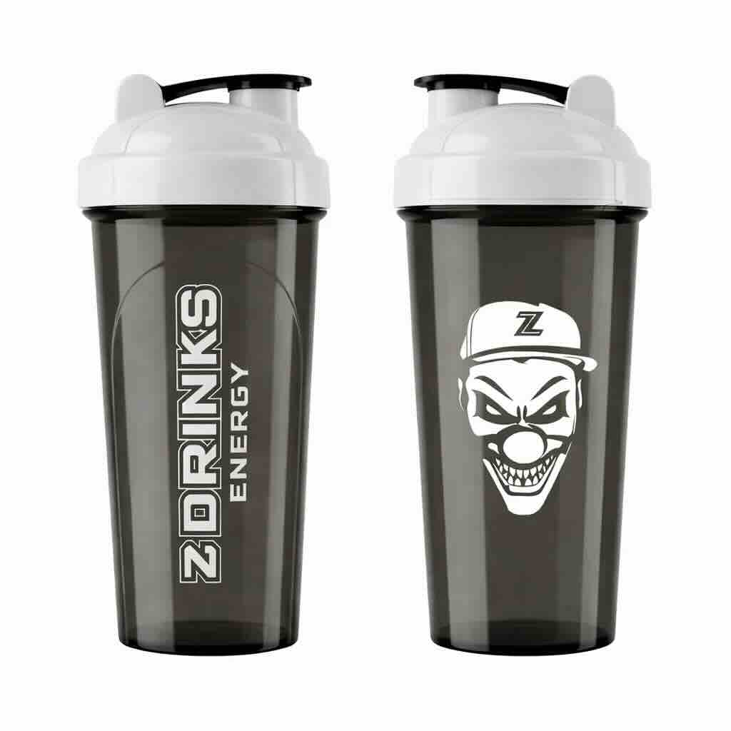 Shaker Z Drinks Dark negro transparente — cuerpo oscuro con logo Z Drinks Energy y cierre de presión / Z Drinks Dark transparent black shaker — dark body with Z Drinks Energy logo and snap-lock lid
