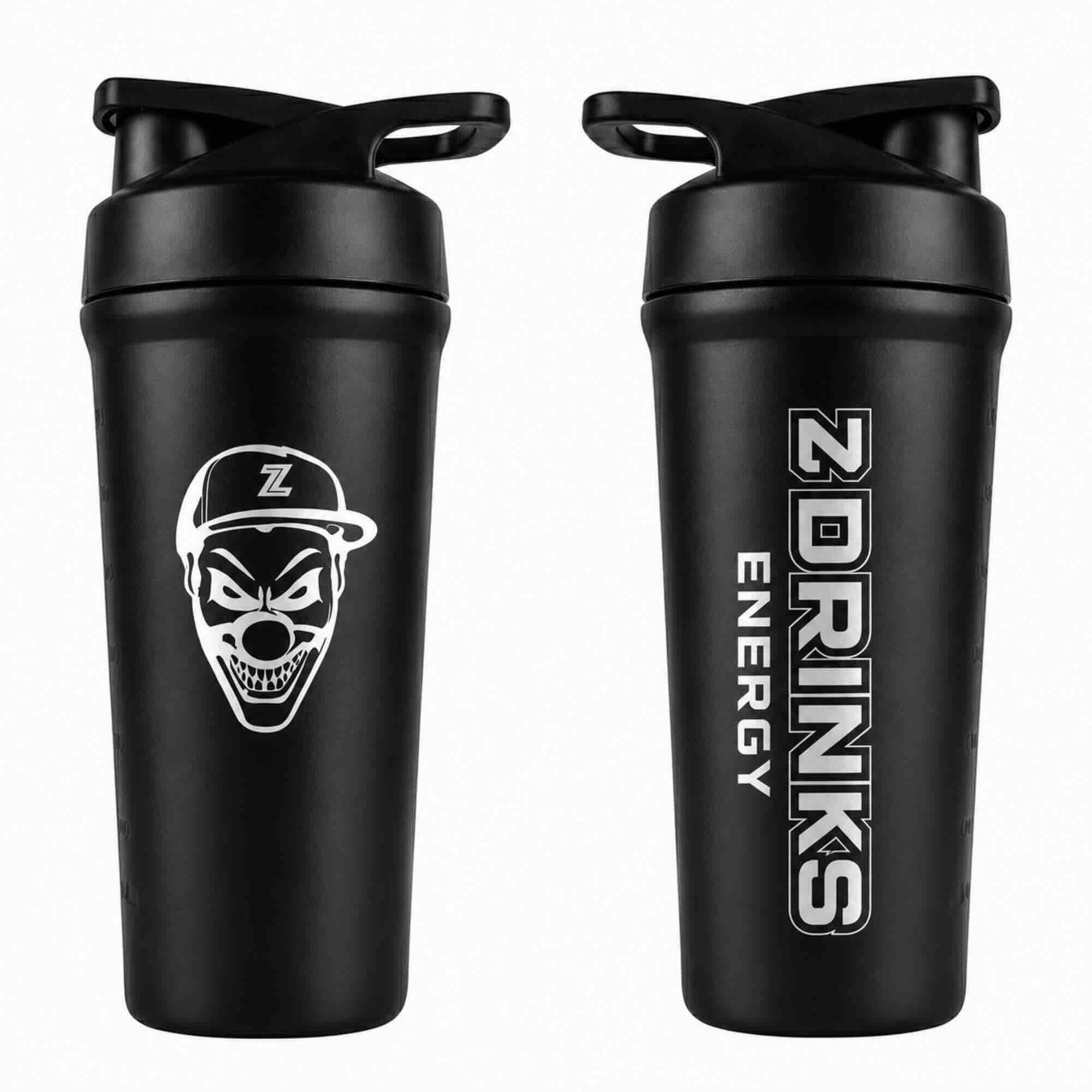 Shaker Z Drinks INOX Black 2.0 — acero inoxidable negro mate, frente con skull y reverso con logo Z Drinks Energy / Z Drinks INOX Black 2.0 shaker — matte black stainless steel, skull front and Z Drinks Energy logo back