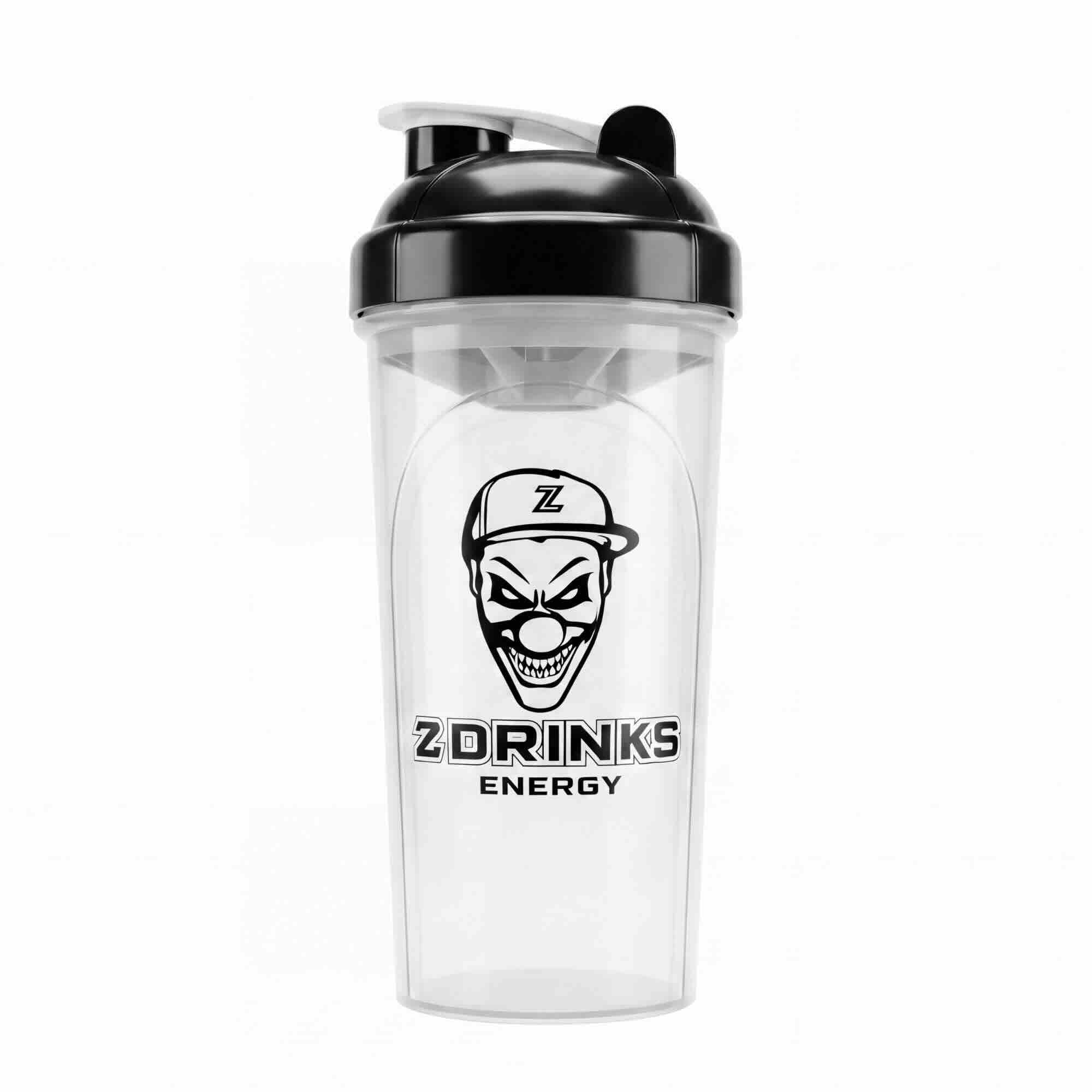 Shaker Z Drinks Infinity transparente — cuerpo resistente con logo skull Z Drinks Energy y cierre de presión / Z Drinks Infinity clear shaker — resistant body with skull Z Drinks Energy logo and snap-lock lid