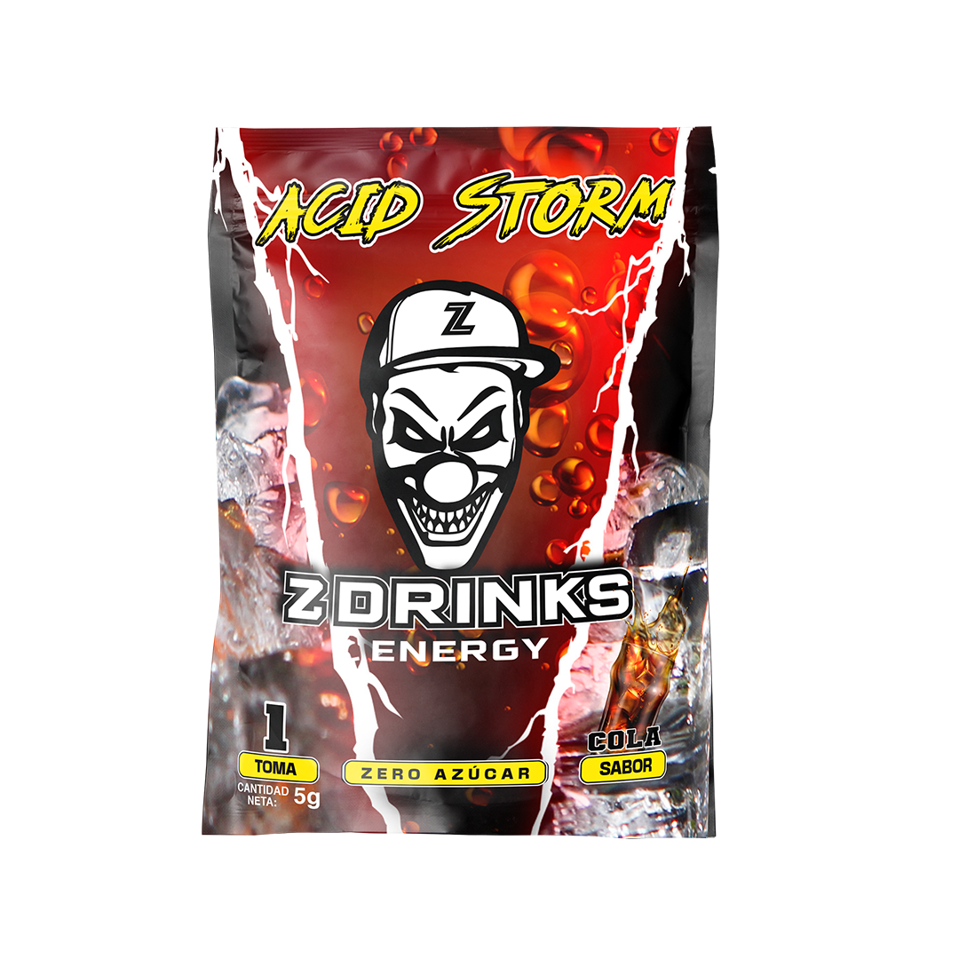 Muestra individual Z Drinks Energy Acid Storm — sobre 5g sabor cola ácida, 0 azúcar, 200mg cafeína / Z Drinks Energy Acid Storm individual sample — 5g sour cola flavor sachet, 0 sugar, 200mg caffeine