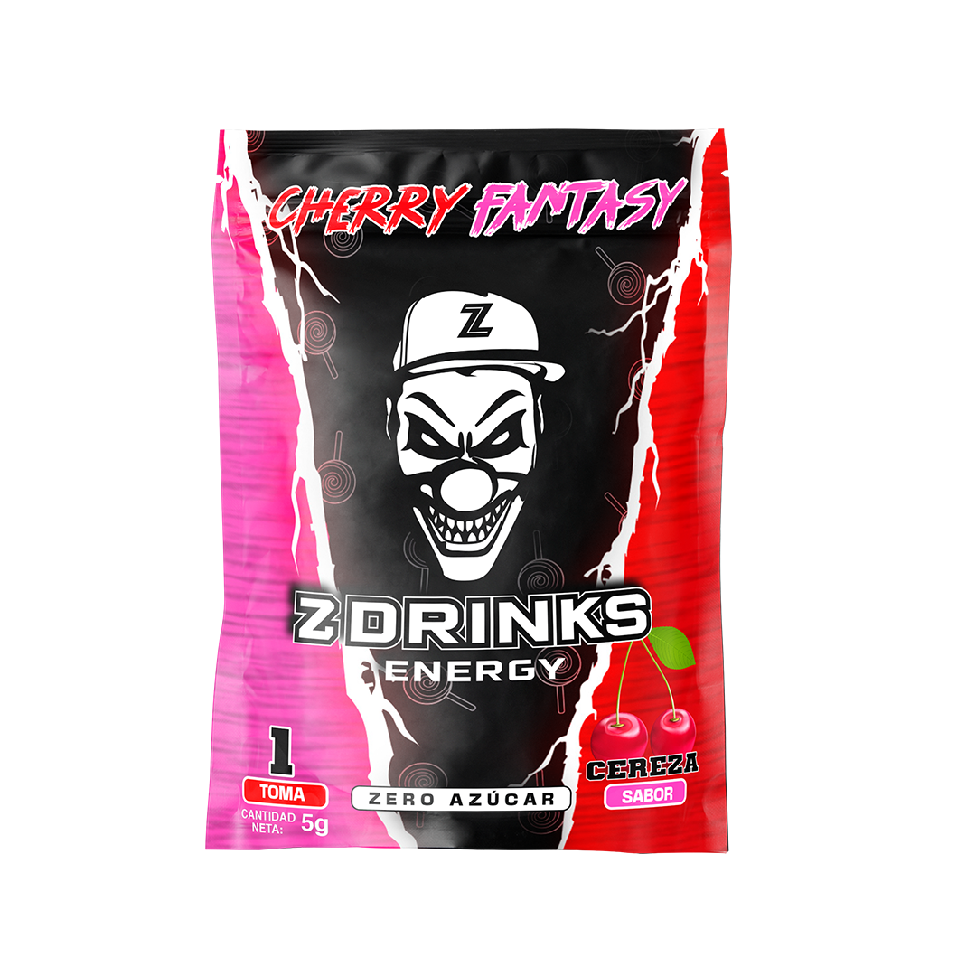 Muestra individual Z Drinks Energy Cherry Fantasy — sobre 5g sabor piruleta y cereza, 0 azúcar, 200mg cafeína / Z Drinks Energy Cherry Fantasy individual sample — 5g lollipop cherry flavor sachet, 0 sugar, 200mg caffeine