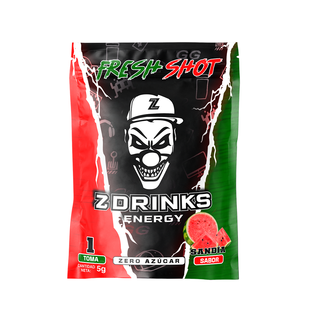 Muestra individual Z Drinks Energy Fresh Shot — sobre 5g sabor sandía, 0 azúcar, 200mg cafeína / Z Drinks Energy Fresh Shot individual sample — 5g watermelon flavor sachet, 0 sugar, 200mg caffeine