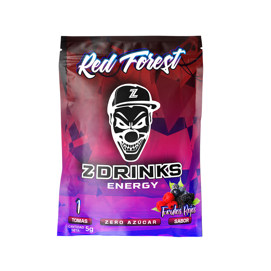Muestra individual Z Drinks Energy Red Forest — sobre 5g sabor frutos rojos, 0 azúcar, 200mg cafeína / Z Drinks Energy Red Forest individual sample — 5g red berries flavor sachet, 0 sugar, 200mg caffeine