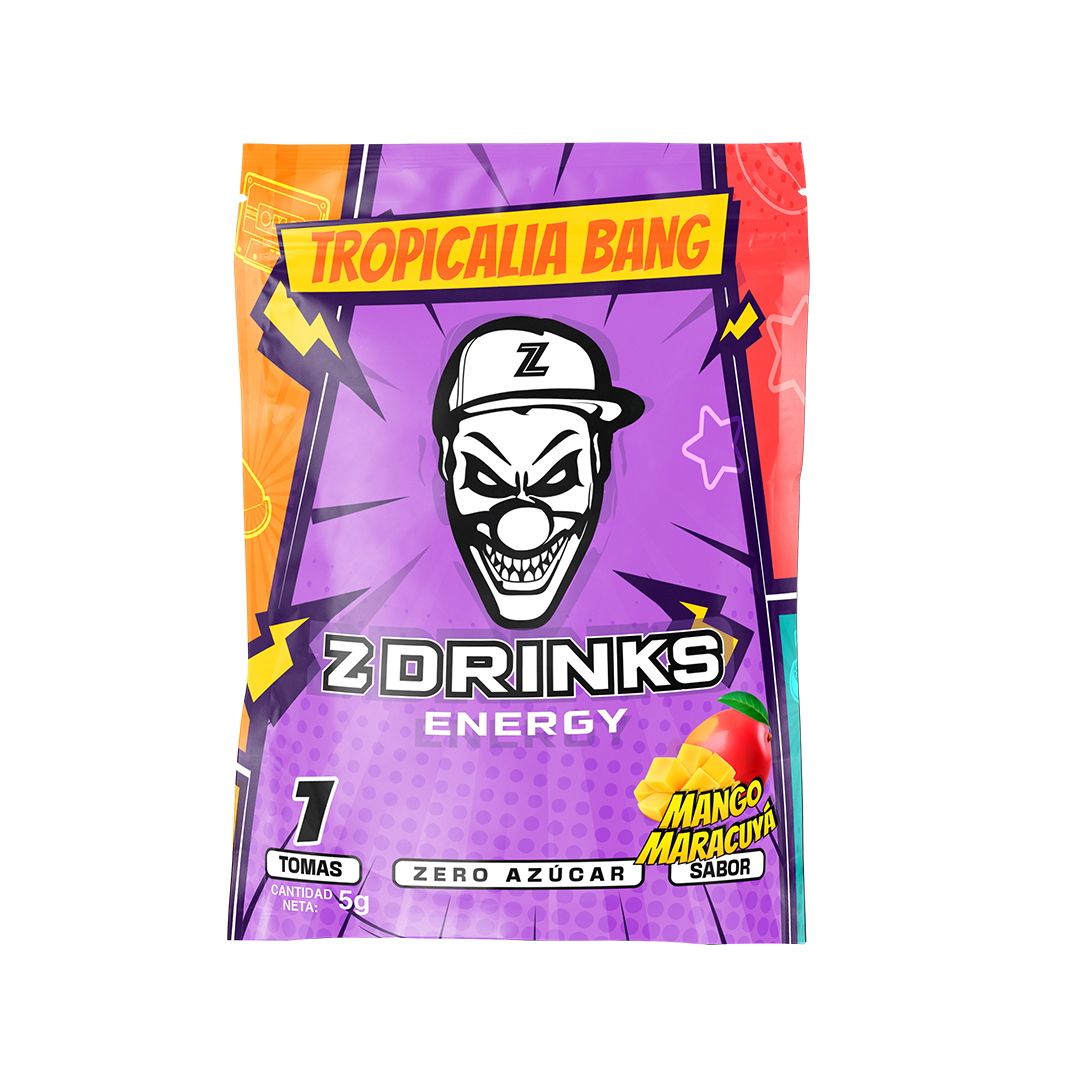Muestra individual Z Drinks Energy Tropicalia Bang — sobre 5g sabor mango maracuyá, 0 azúcar, 200mg cafeína / Z Drinks Energy Tropicalia Bang individual sample — 5g mango passion fruit flavor sachet, 0 sugar, 200mg caffeine