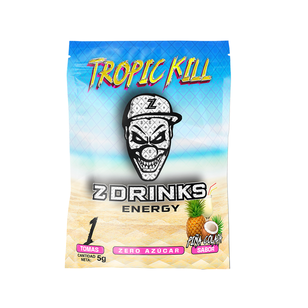 Muestra individual Z Drinks Energy Tropic Kill — sobre 5g sabor piña colada, 0 azúcar, 200mg cafeína / Z Drinks Energy Tropic Kill individual sample — 5g pineapple coconut flavor sachet, 0 sugar, 200mg caffeine