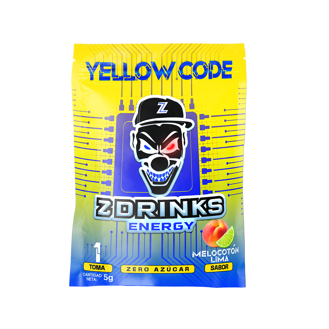 Muestra individual Z Drinks Energy Yellow Code — sobre 5g sabor melocotón y lima, 0 azúcar, 200mg cafeína / Z Drinks Energy Yellow Code individual sample — 5g peach lime flavor sachet, 0 sugar, 200mg caffeine