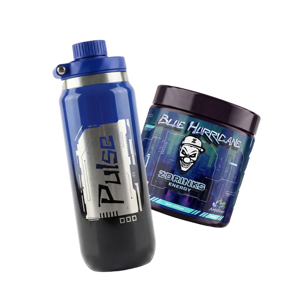 Pack Z Drinks Blue Hurricane — tubo de 70 tomas sabor arándanos y botella térmica Pulse de 600 ml / Z Drinks Blue Hurricane pack — 70-serving blueberry tub and 600 ml Pulse thermal bottle