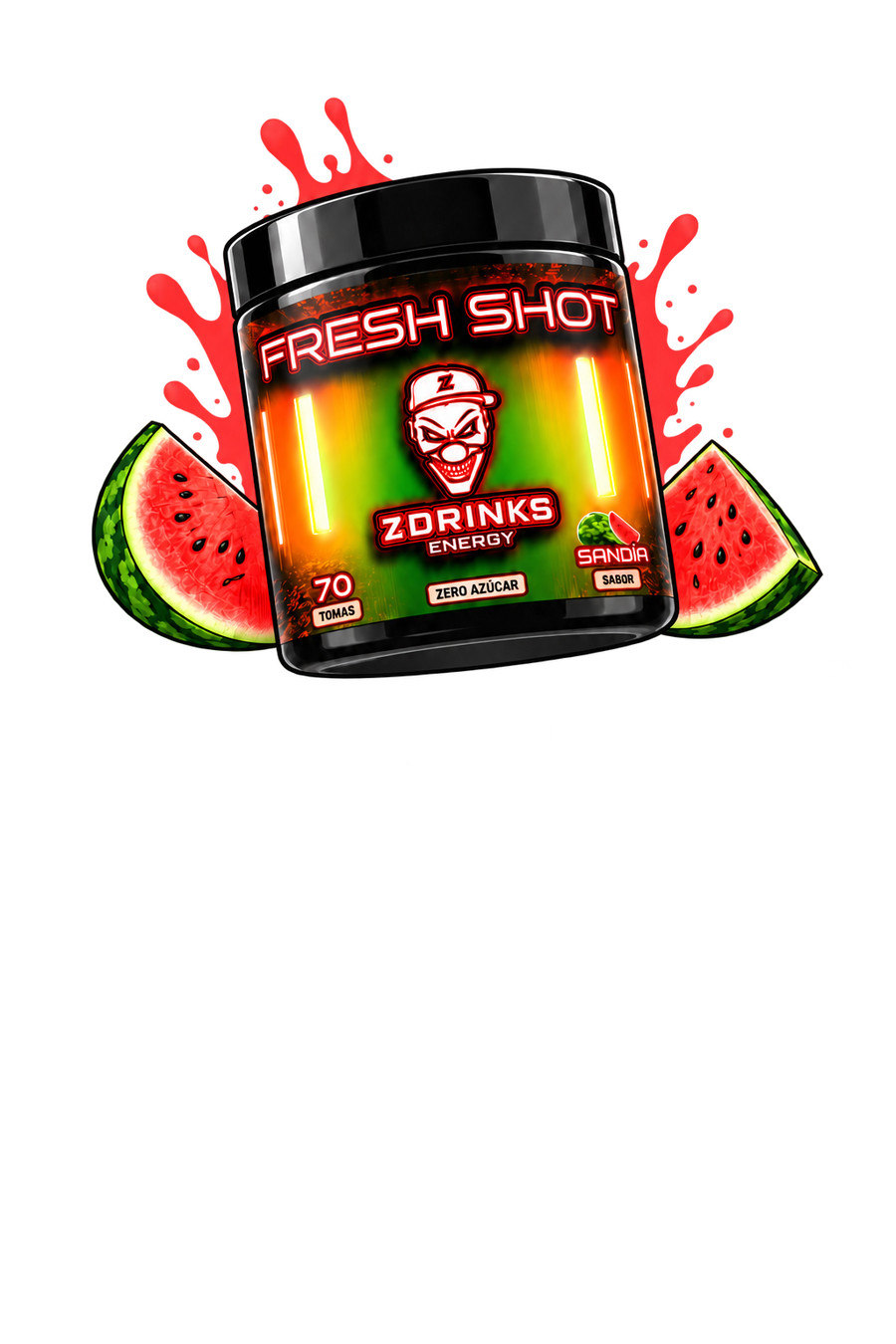 Ilustración cómic del bote Fresh Shot de Z Drinks, sabor sandía, con dos trozos de sandía