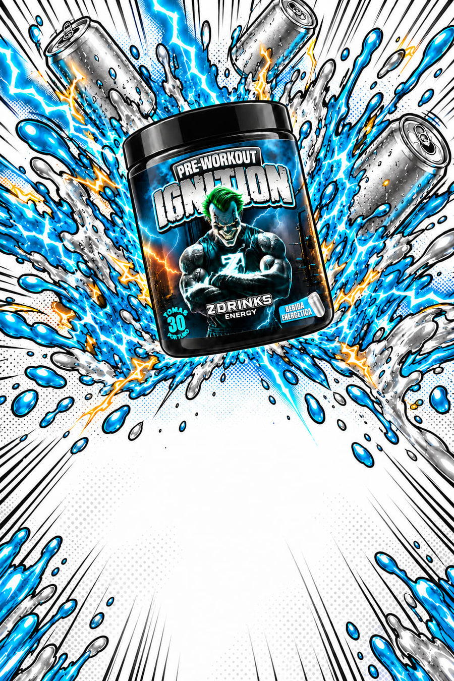 Ilustración de cómic de Ignition Bebida energética de Z Drinks con salpicaduras plateadas y azules, latas plateadas sin marca, rayos eléctricos y chispas.