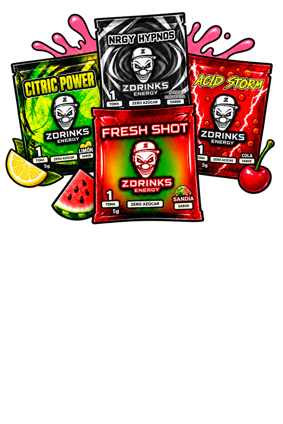 Sobres de muestra Z Drinks Citric Power, NRGY Hypnos, Fresh Shot y Acid Storm en estilo cómic