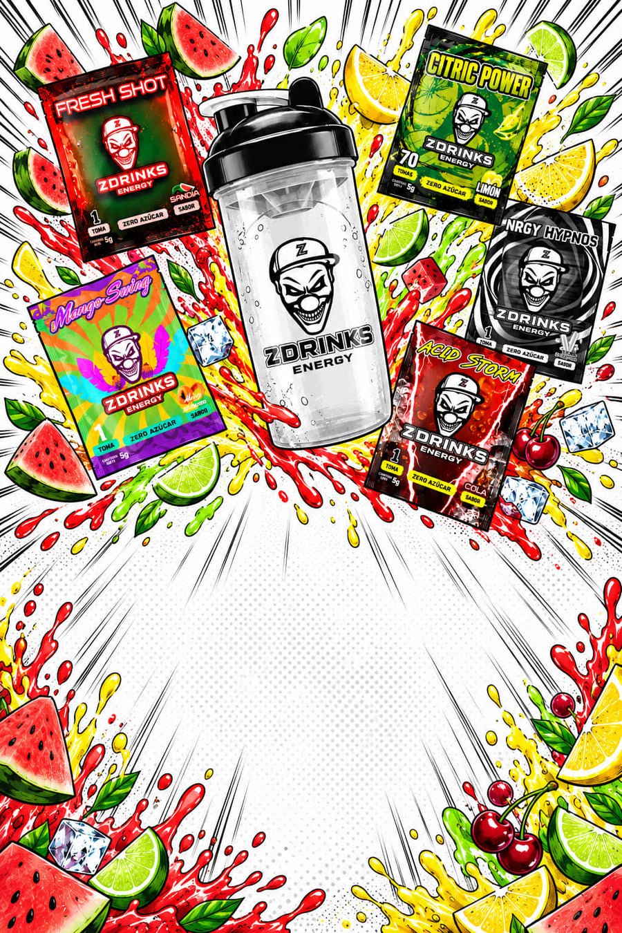 Ilustración de cómic de un shaker transparente Z Drinks con muestras Fresh Shot, Citric Power, NRGY Hypnos, Acid Storm y Mango Swing, entre salpicaduras y frutas.