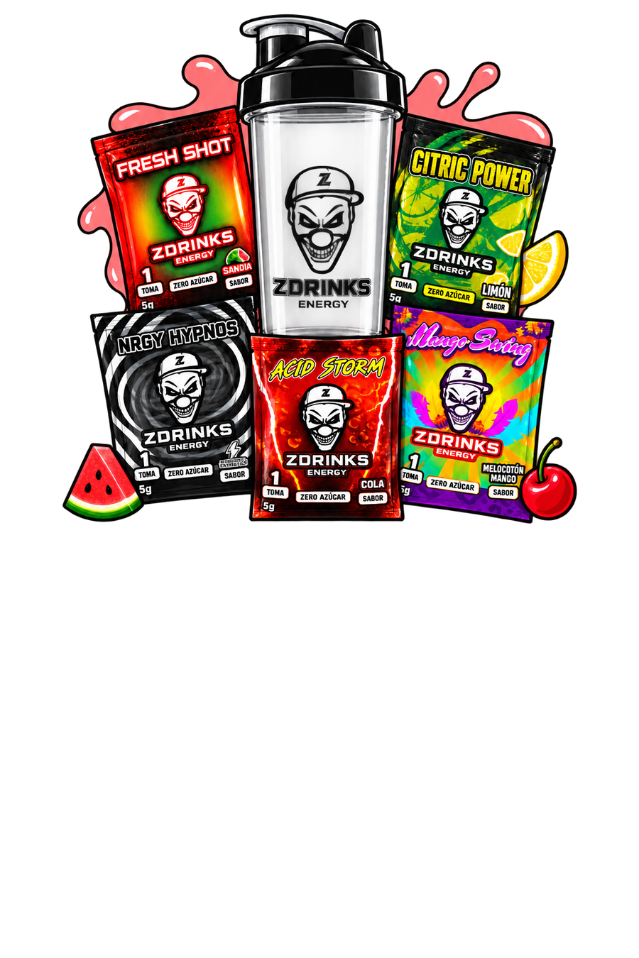 Ilustración cómic del Pack degustación Basic de Z Drinks: shaker Infinity transparente con sobres Fresh Shot, Citric Power, NRGY Hypnos, Acid Storm y Mango Swing