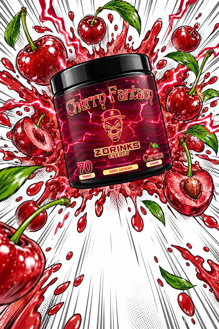 Ilustración estilo cómic de Cherry Fantasy de Z Drinks, con explosión de bebida roja, cerezas con rabito, hojas y rayos rojos.