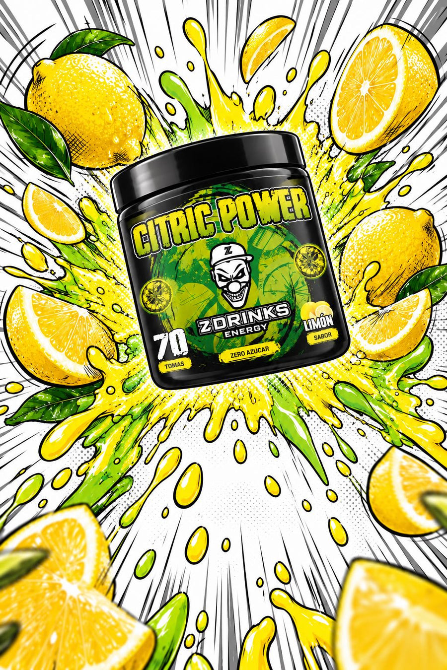 Ilustración de Citric Power de Z Drinks con limones y salpicaduras amarillas y verde lima en estilo cómic.