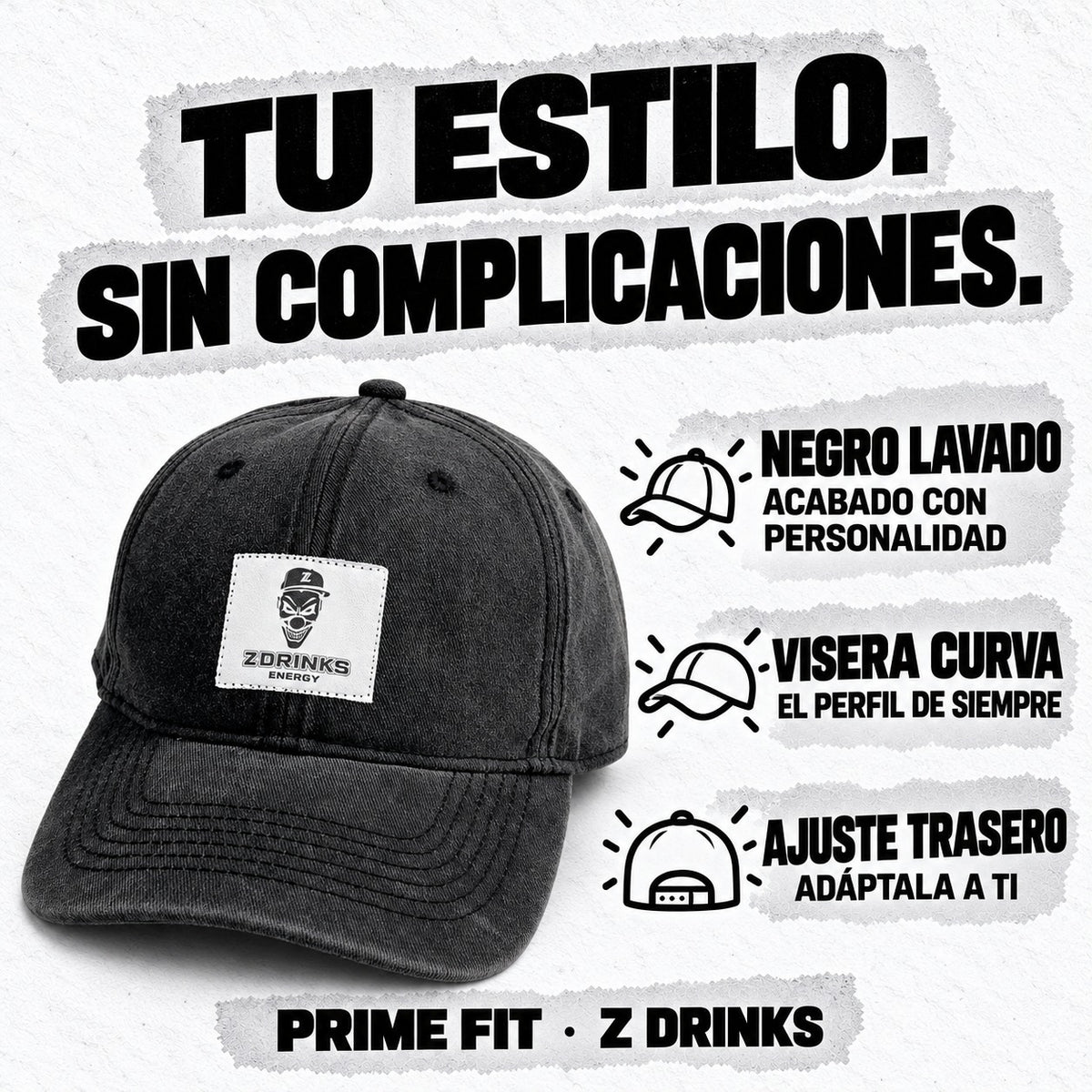 Gorra Prime Fit: acabado negro lavado, visera curva y ajuste trasero