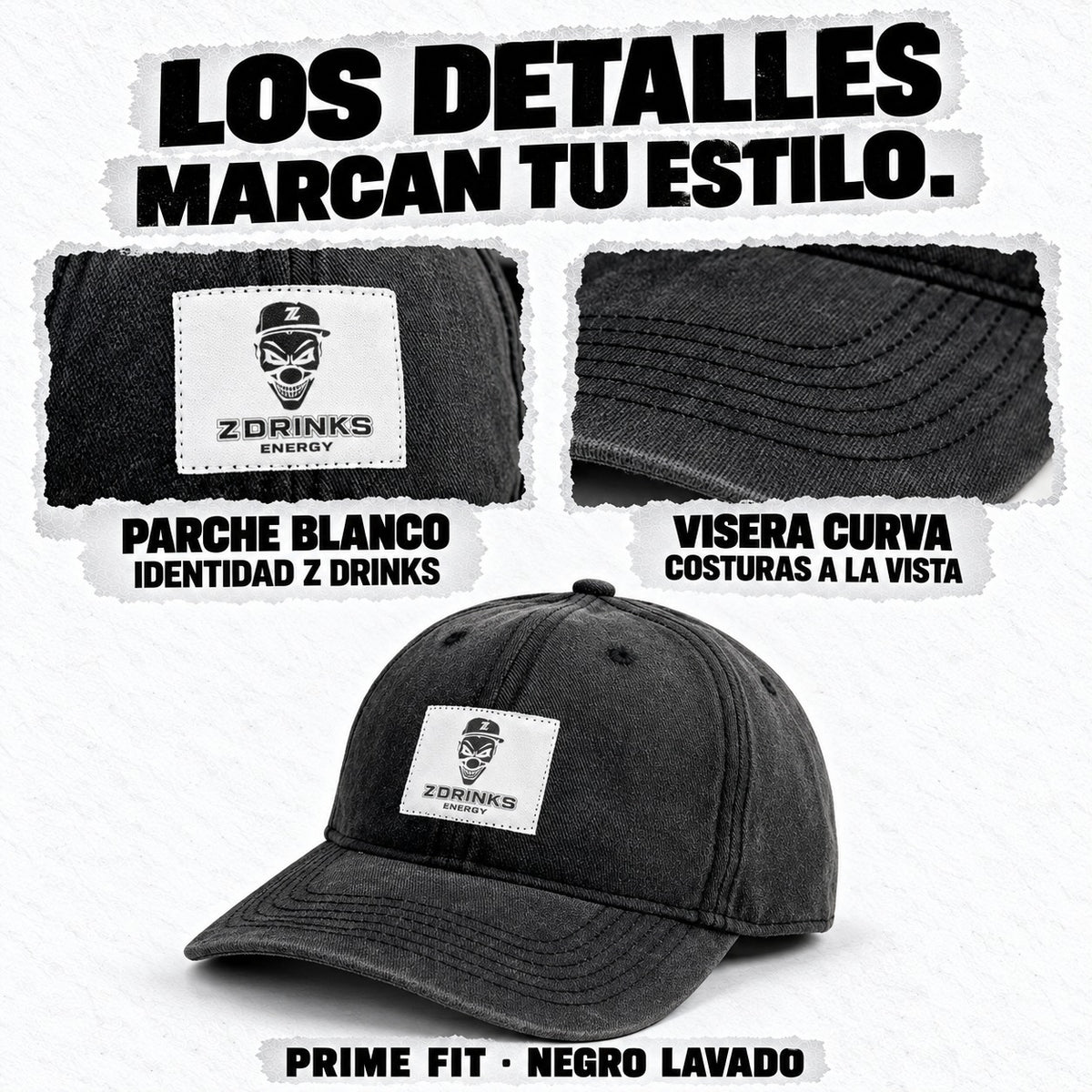 Detalles de la gorra Prime Fit: parche blanco y costuras de la visera