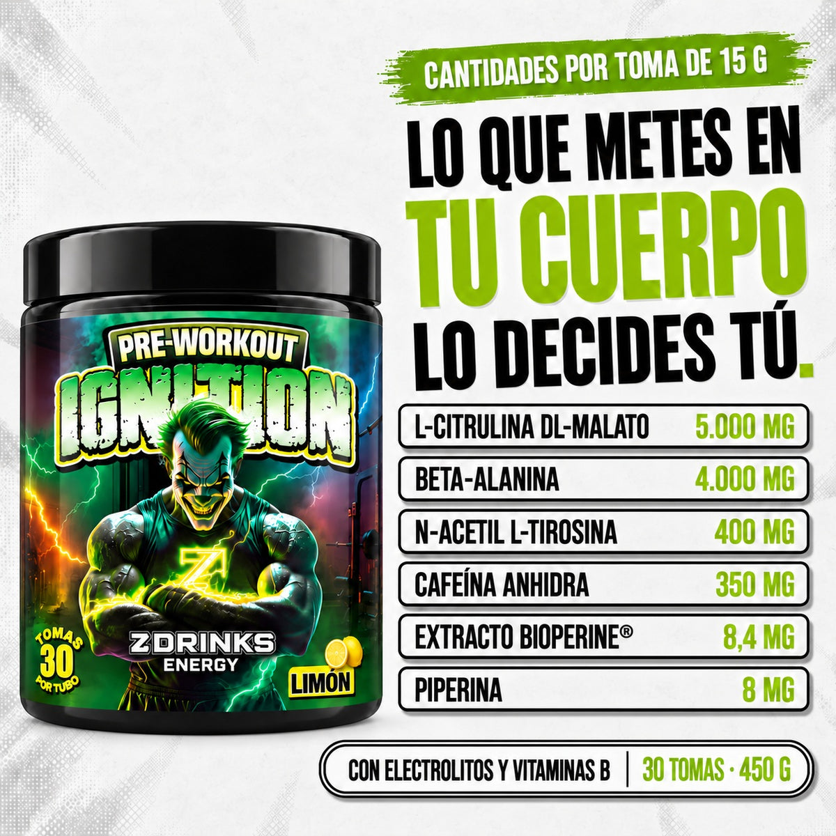 Ignition Limón: composición por toma de 15 g