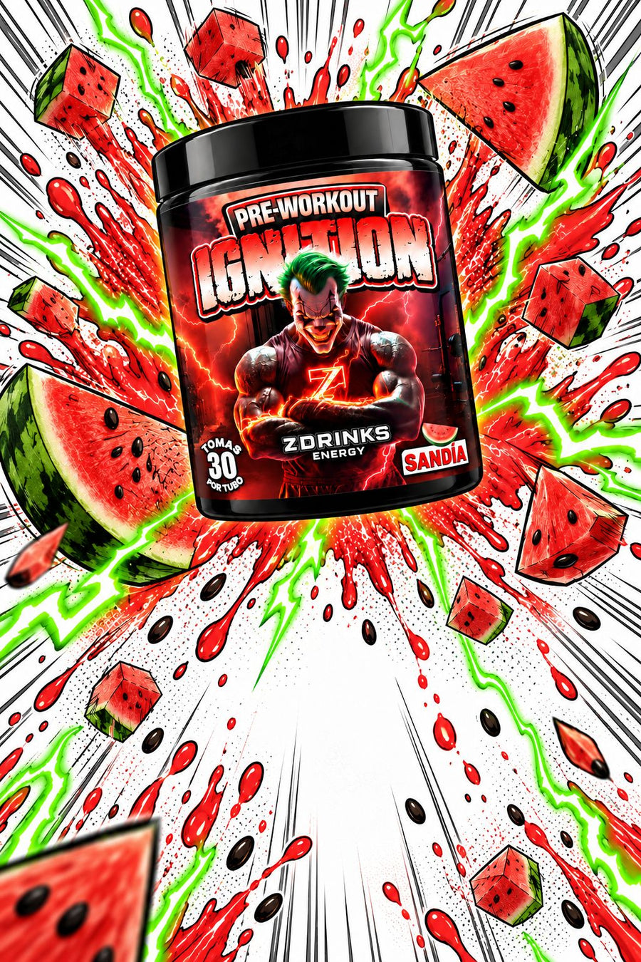 Ilustración estilo cómic de Ignition Sandía de Z Drinks, con explosión roja y verde, trozos de sandía y rayos verde lima.