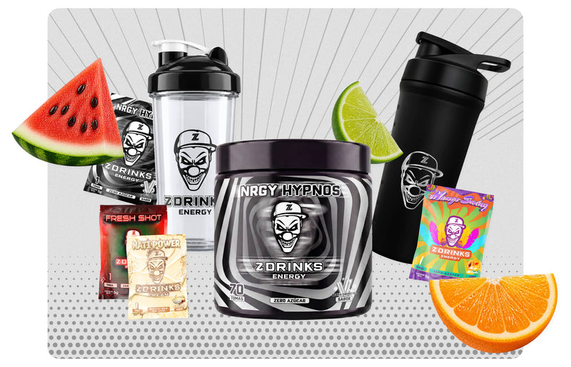 Productos Z Drinks con NRGY Hypnos, shaker Infinity, shaker INOX Black y muestras, acompañados de sandía, lima y naranja sobre fondo gris.
