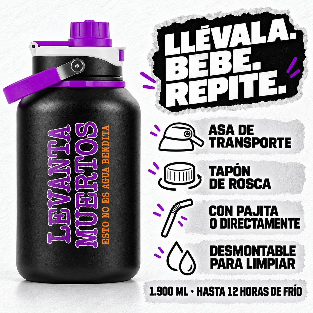 Levanta muertos, botella térmica XXL Z Drinks: asa de transporte, tapón de rosca y limpieza