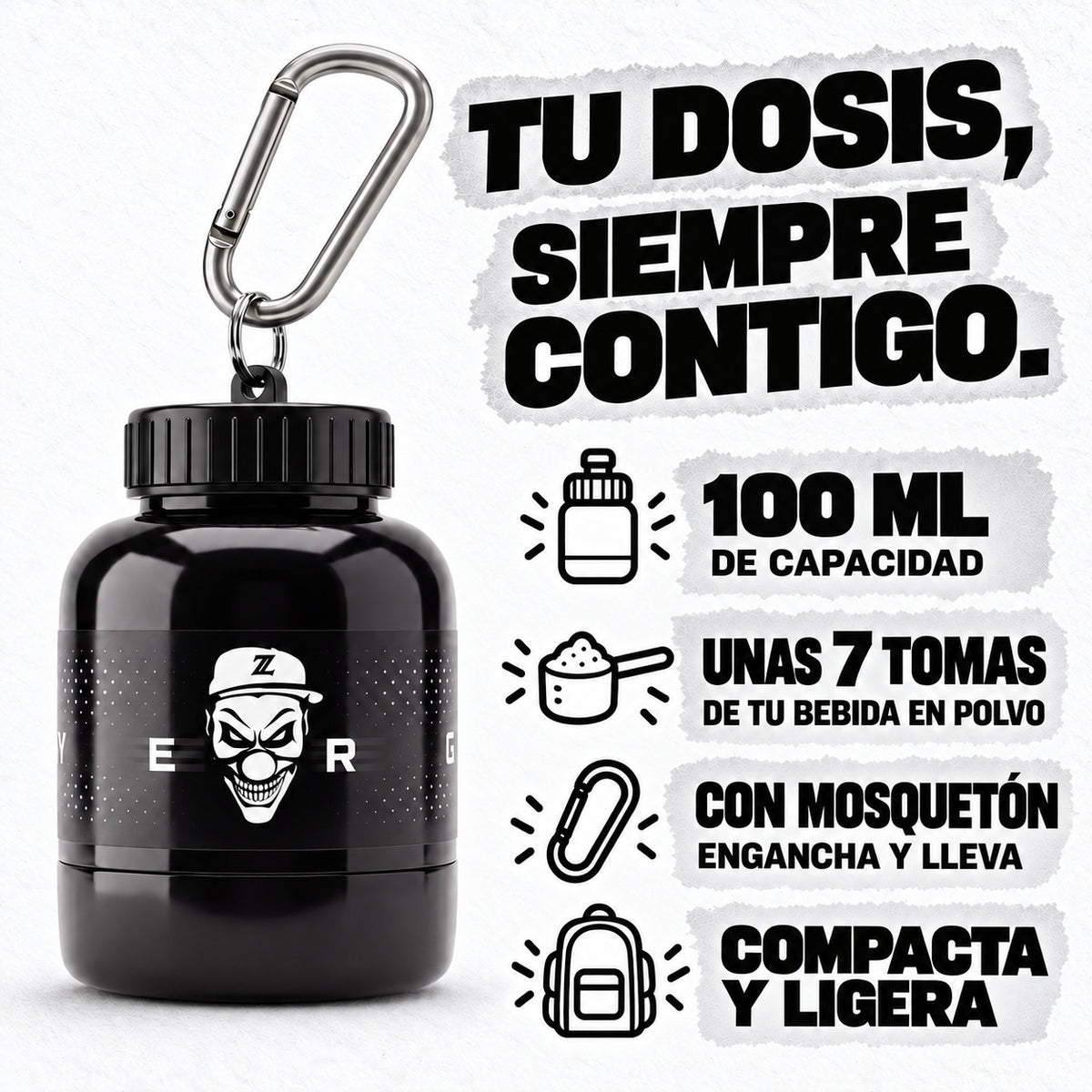 Minibotella Z Drinks: 100 ml, unas 7 tomas, compacta y con mosquetón