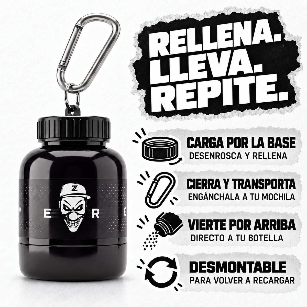 Minibotella Z Drinks: carga por la base, transporte y vertido por arriba