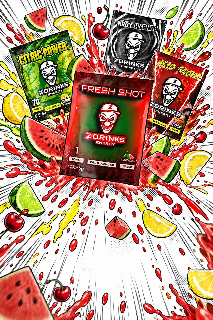 Ilustración de muestras Z Drinks con Fresh Shot delante y Citric Power, NRGY Hypnos y Acid Storm detrás, rodeadas de fruta y salpicaduras.
