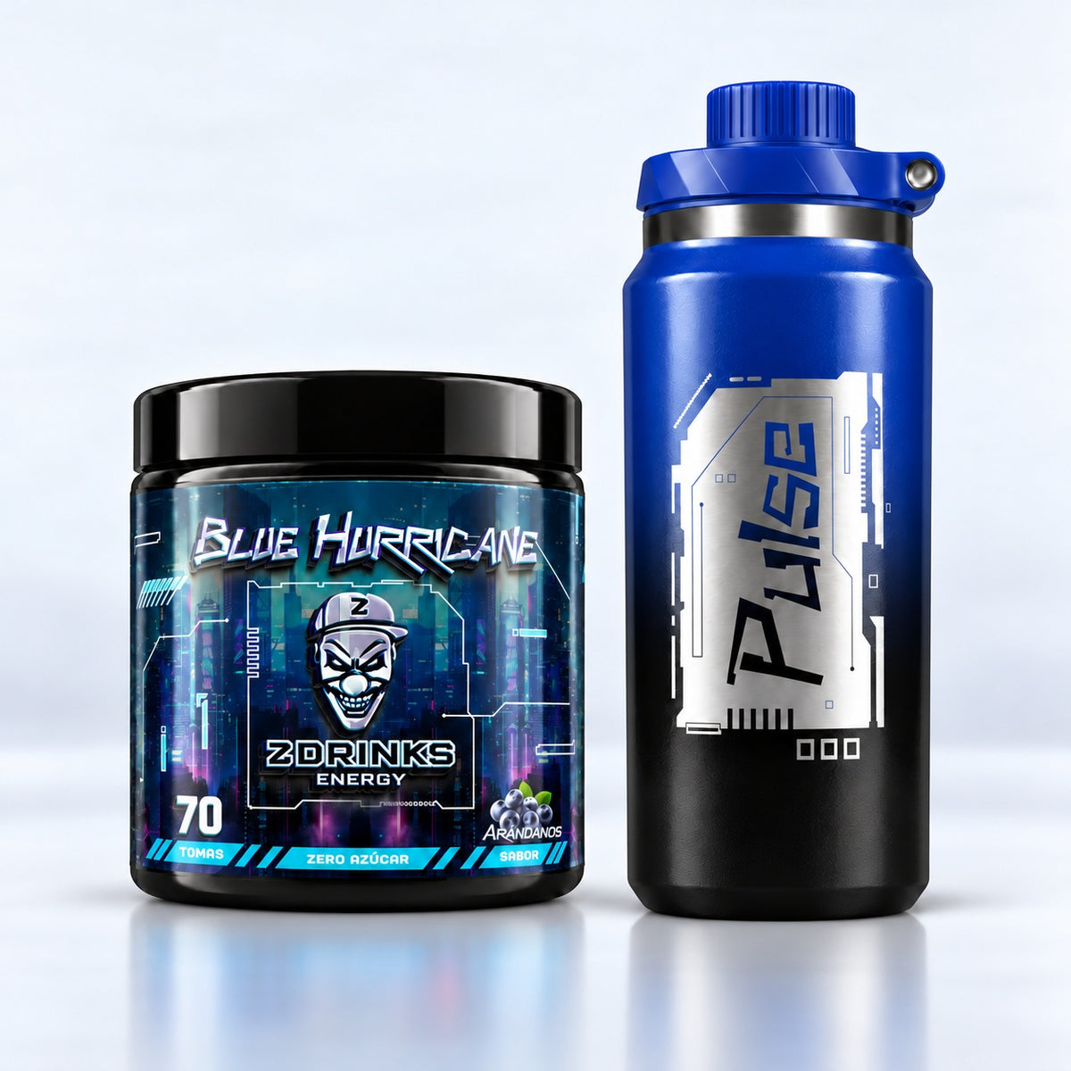 Pack Blue Hurricane de Z Drinks: bote Energy de 350 g y 70 tomas sabor arándanos y botella térmica Pulse de 600 ml