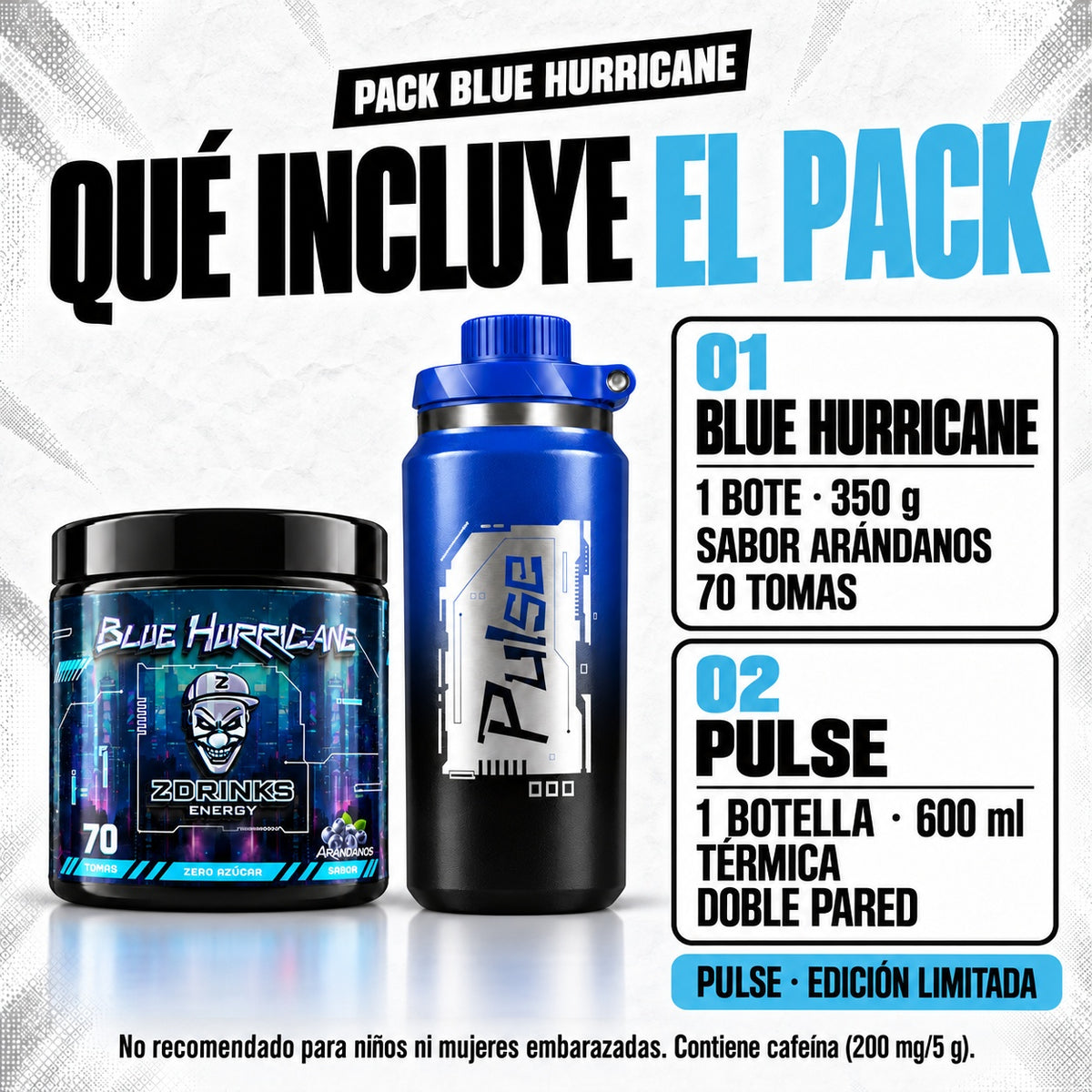 Contenido del Pack Blue Hurricane: un bote sabor arándanos de 350 g, 70 tomas, y una botella térmica Pulse de 600 ml, doble pared y edición limitada