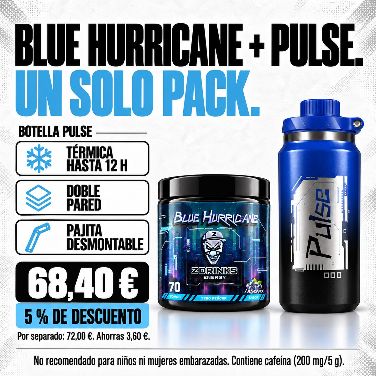 Pack Blue Hurricane con botella Pulse: térmica hasta 12 h, doble pared y pajita desmontable; pack 68,40 €, ahorro del 5 %