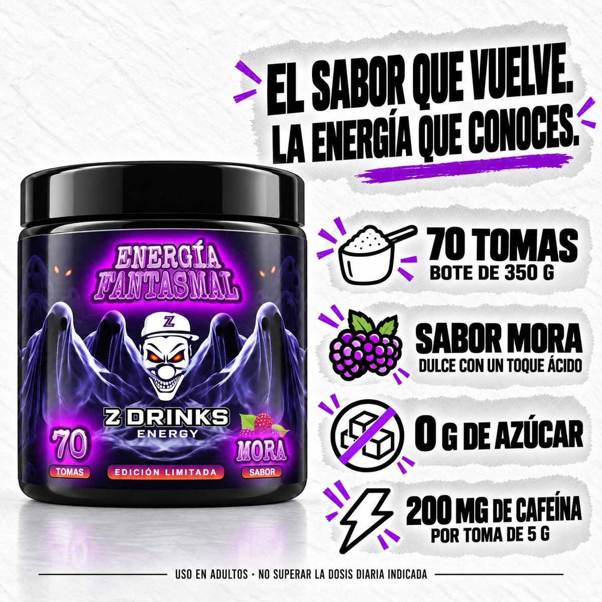 Energía Fantasmal sabor mora: 70 tomas, 0 g de azúcar y 200 mg de cafeína por toma