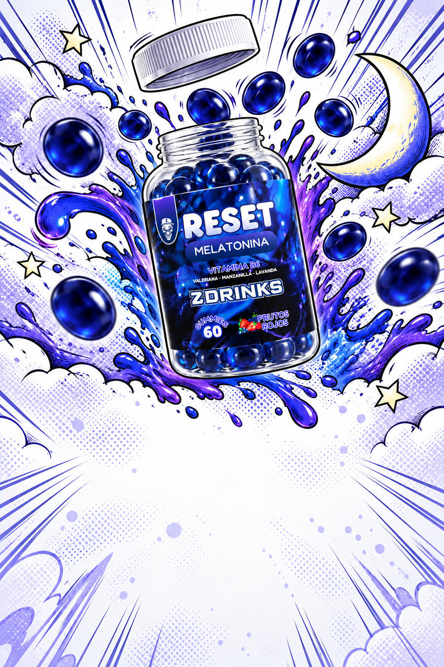 Ilustración de Reset con el bote abierto, gominolas azules, luna y estrellas en estilo cómic.