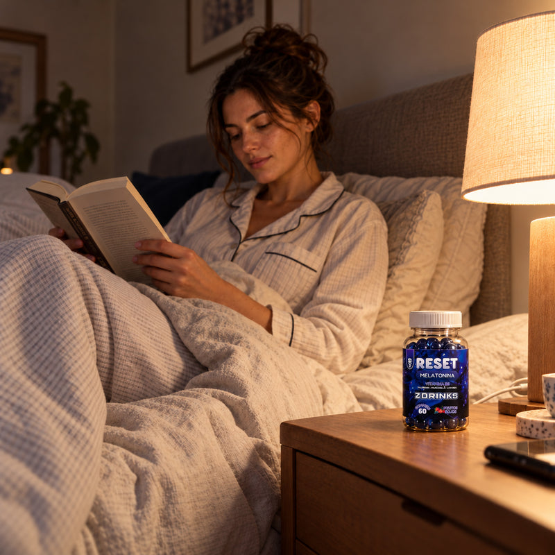 Mujer leyendo un libro en la cama por la noche, con un bote cerrado de RESET de Z Drinks sobre la mesilla junto a una lámpara.