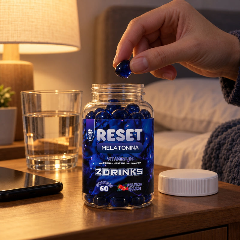 Bote abierto de RESET de Z Drinks en una mesilla de noche, con una mano sujetando una gominola azul y luz cálida de lámpara.