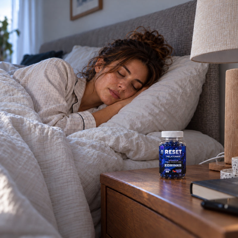 Mujer durmiendo de lado al amanecer con un bote de Z Drinks RESET en la mesilla.