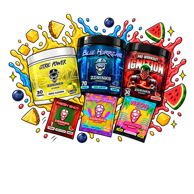 Ilustración de Blue Hurricane, Hydrize Citric Power de 30 tomas e Ignition Sandía con tres muestras, frutas y salpicaduras de colores sobre fondo blanco.