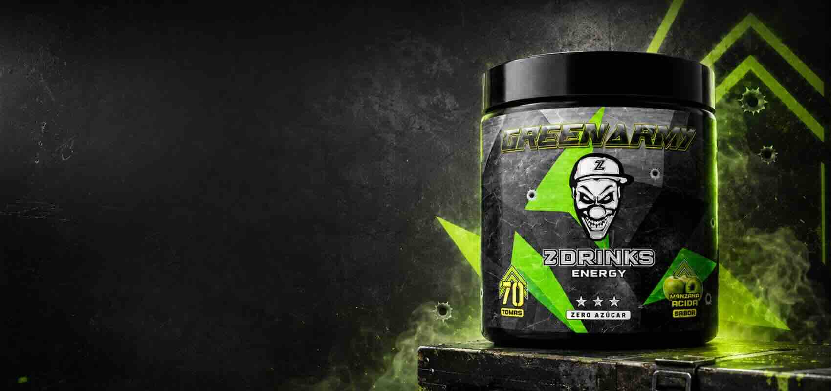 Banner Z Drinks Energy sabor Green — formato escritorio, 70 tomas, 200mg cafeína, 0 azúcar / Z Drinks Energy Green flavor banner — desktop format, 70 servings, 200mg caffeine, 0 sugar