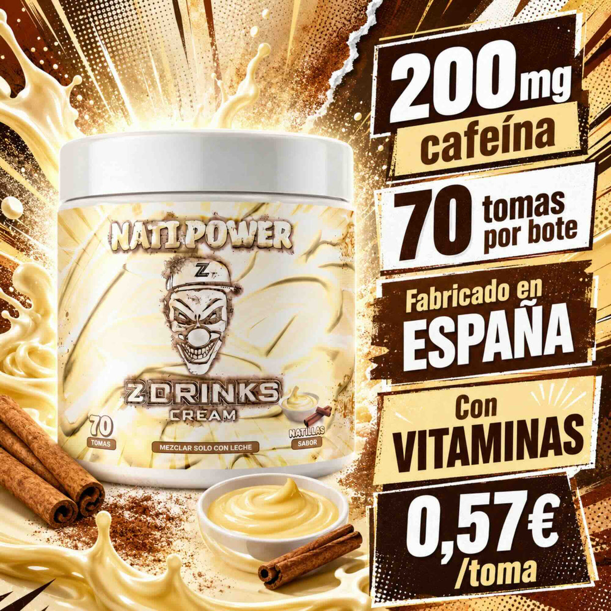 Z Drinks Cream Nata sabor nata fresca — batido energético en polvo para mezclar con leche, 70 tomas, 200mg cafeína / Z Drinks Cream Nata fresh cream flavor — energy shake powder for milk, 70 servings, 200mg caffeine