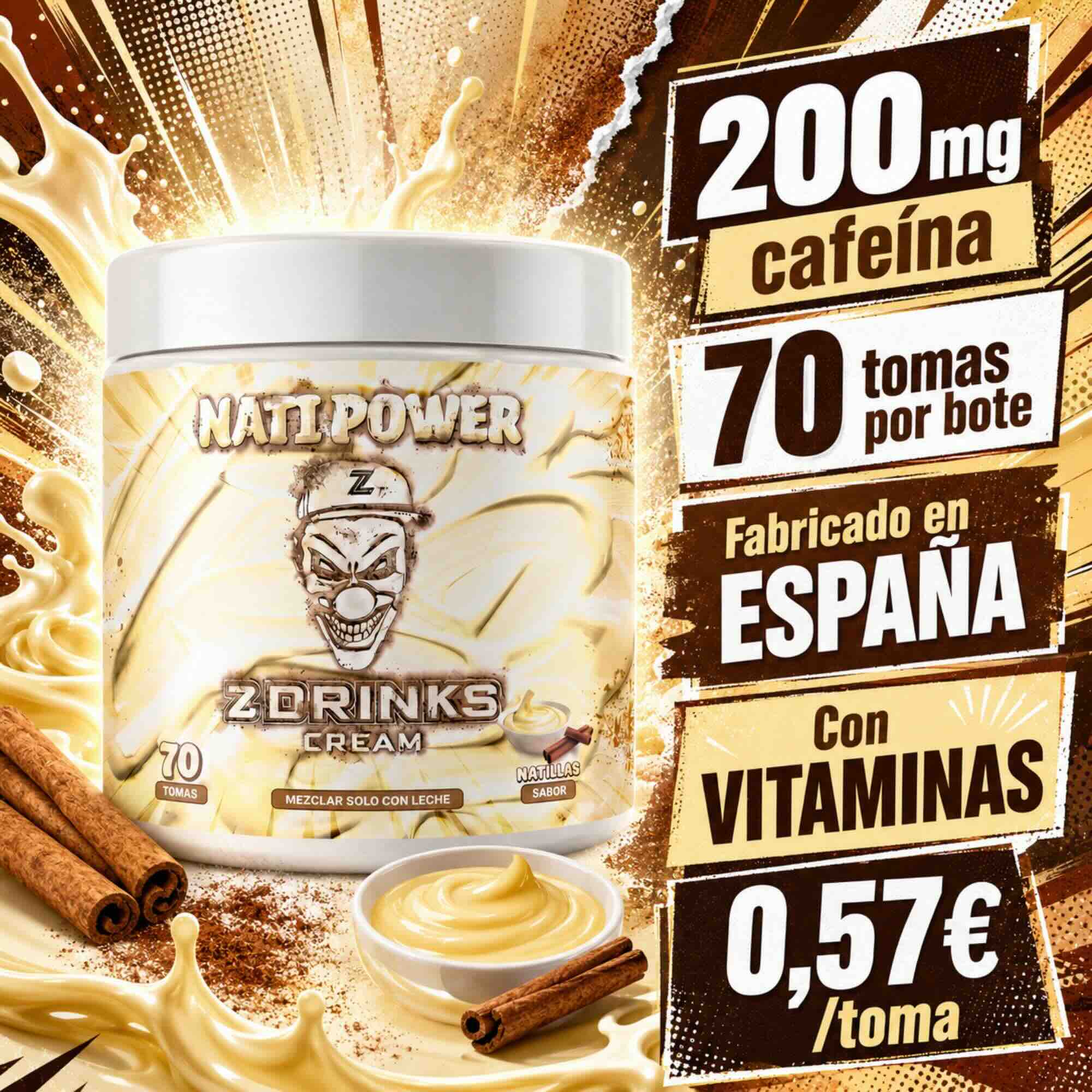 Z Drinks Cream Nata sabor nata fresca — batido energético en polvo para mezclar con leche, 70 tomas, 200mg cafeína / Z Drinks Cream Nata fresh cream flavor — energy shake powder for milk, 70 servings, 200mg caffeine