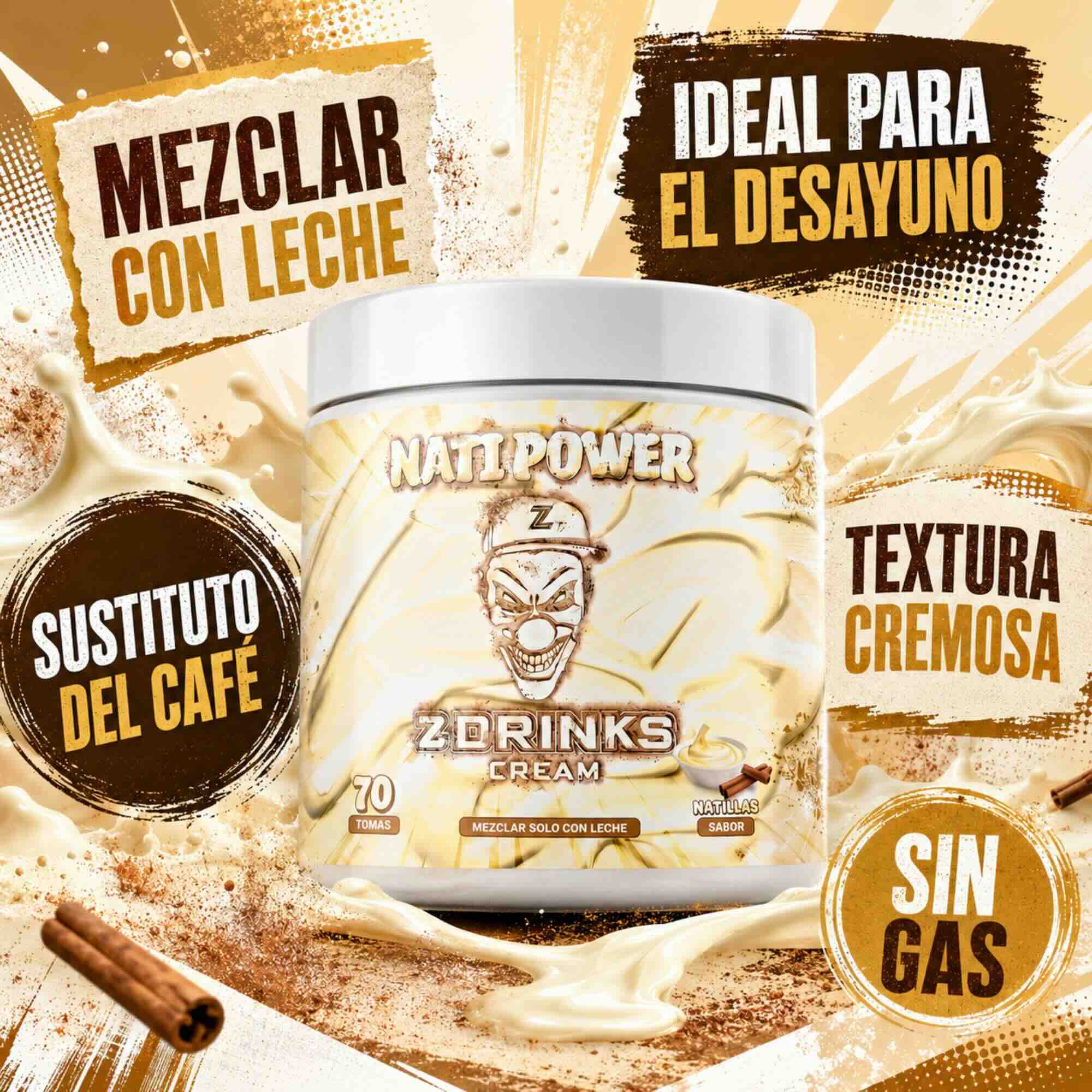Z Drinks Cream Nata sabor nata fresca — batido preparado en vaso con leche, presentación lifestyle / Z Drinks Cream Nata fresh cream flavor — prepared shake in glass with milk, lifestyle presentation