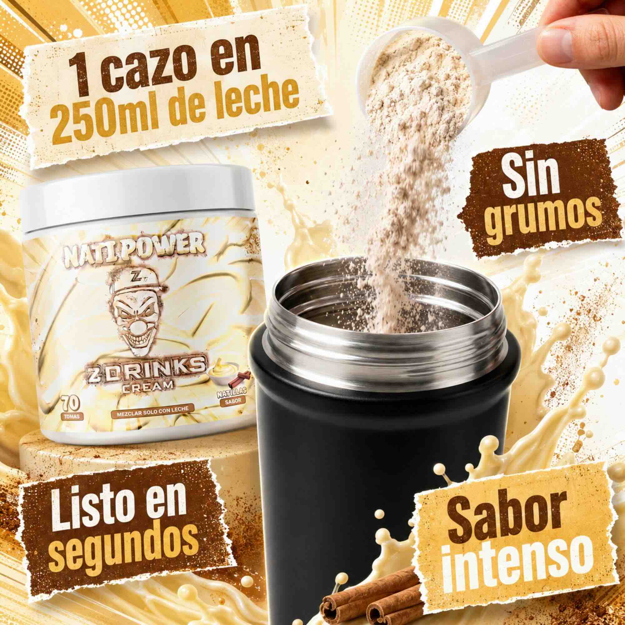 Z Drinks Cream Nata sabor nata fresca — batido energético en polvo vista trasera, ingredientes y tabla nutricional / Z Drinks Cream Nata fresh cream flavor — energy shake powder back view, ingredients and nutrition facts