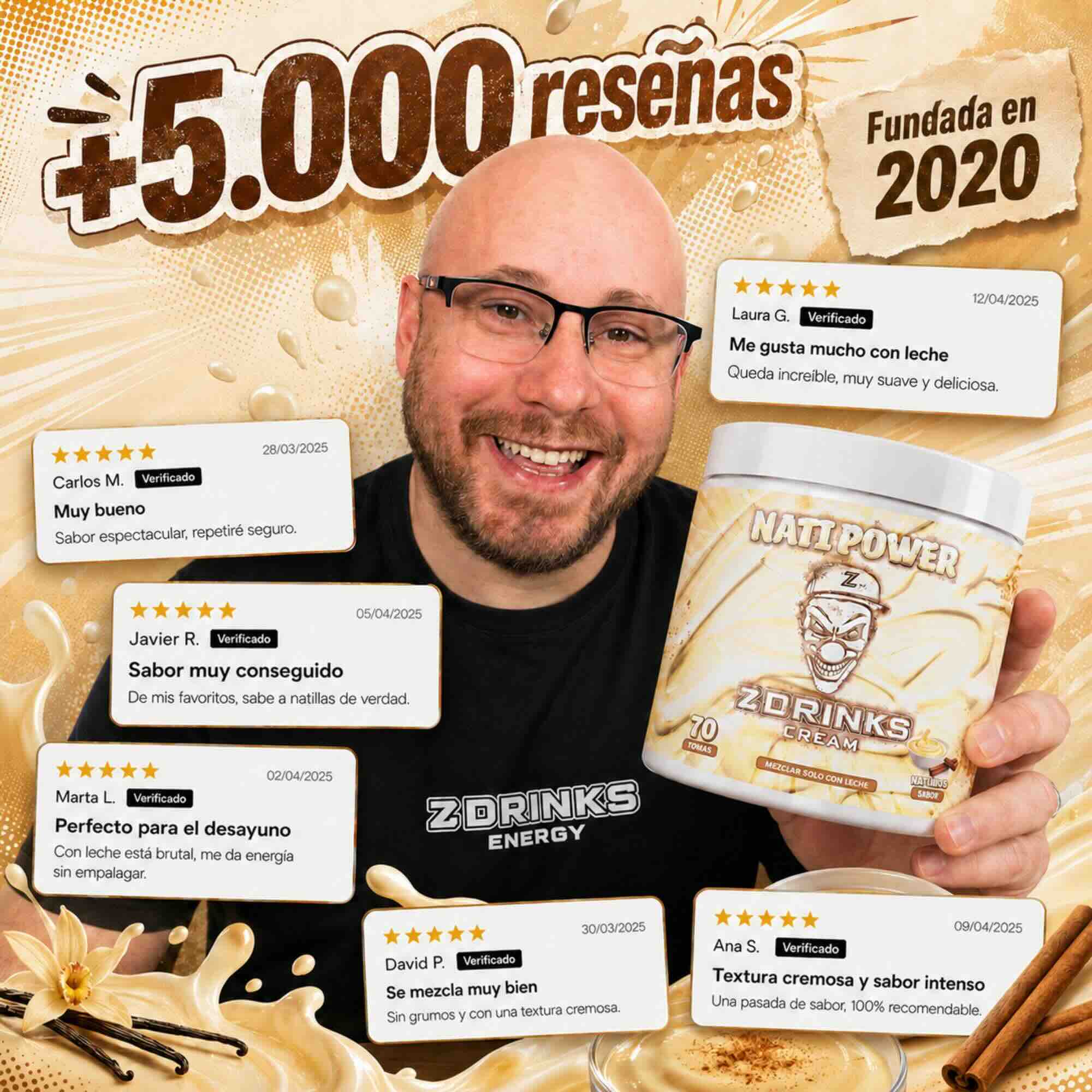 Z Drinks Cream Nata sabor nata fresca — bote abierto con cuchara medidora, textura del polvo energético / Z Drinks Cream Nata fresh cream flavor — open tub with scoop, energy powder texture