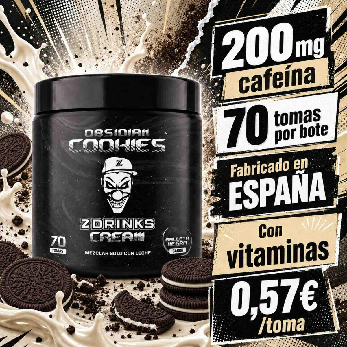 Z Drinks Cream Obsidian Cookies sabor galleta negra — batido energético en polvo para mezclar con leche, 70 tomas, 200mg cafeína / Z Drinks Cream Obsidian Cookies dark cookie flavor — energy shake powder for milk, 70 servings, 200mg caffeine