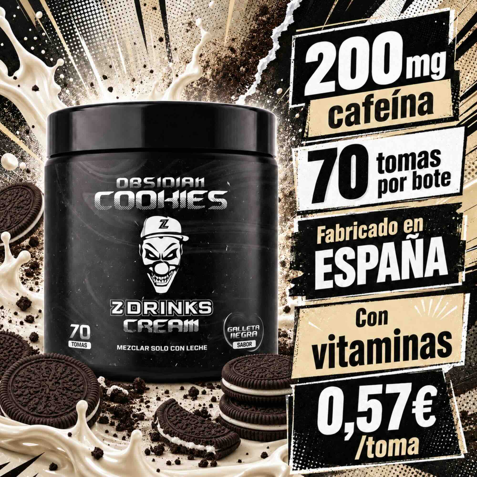 Z Drinks Cream Obsidian Cookies sabor galleta negra — batido energético en polvo para mezclar con leche, 70 tomas, 200mg cafeína / Z Drinks Cream Obsidian Cookies dark cookie flavor — energy shake powder for milk, 70 servings, 200mg caffeine